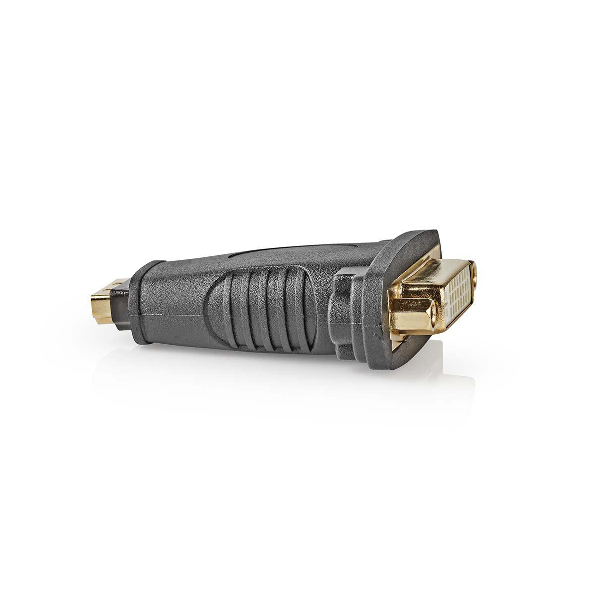 Ein schwarzer Adapter mit einem goldenen DVI-D-Anschluss und einem goldenen HDMI-Anschluss.