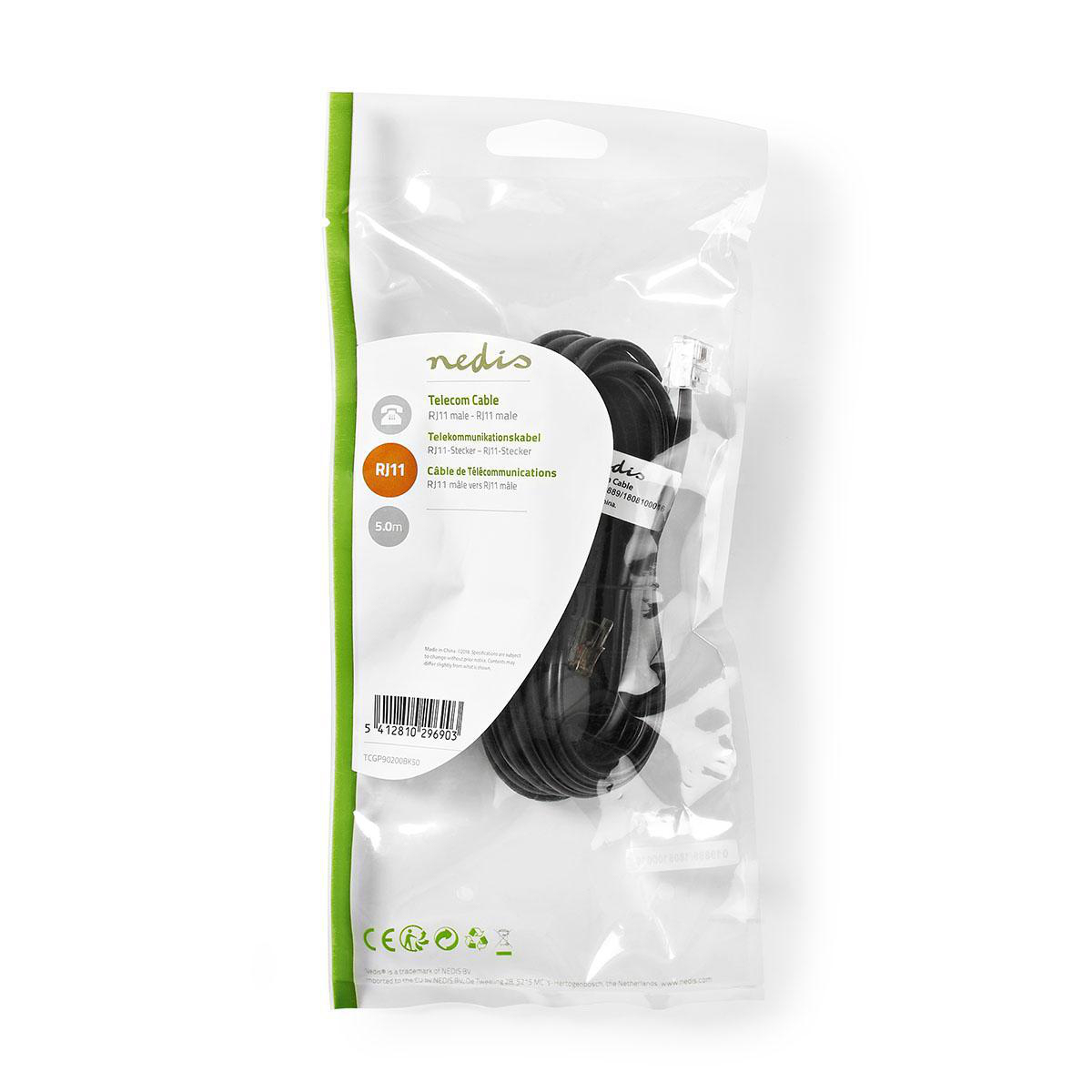 Cable de telecomunicaciones negro en un paquete transparente con una franja verde.