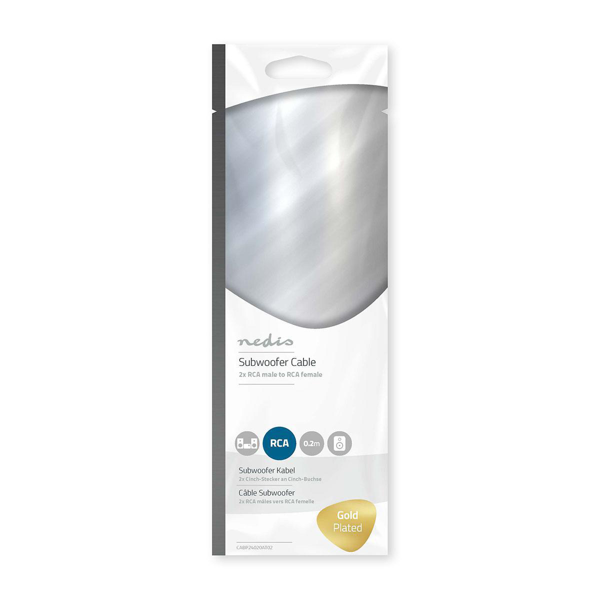 A subwoofer cable in a clear plastic package. It has the Nedis brand name.