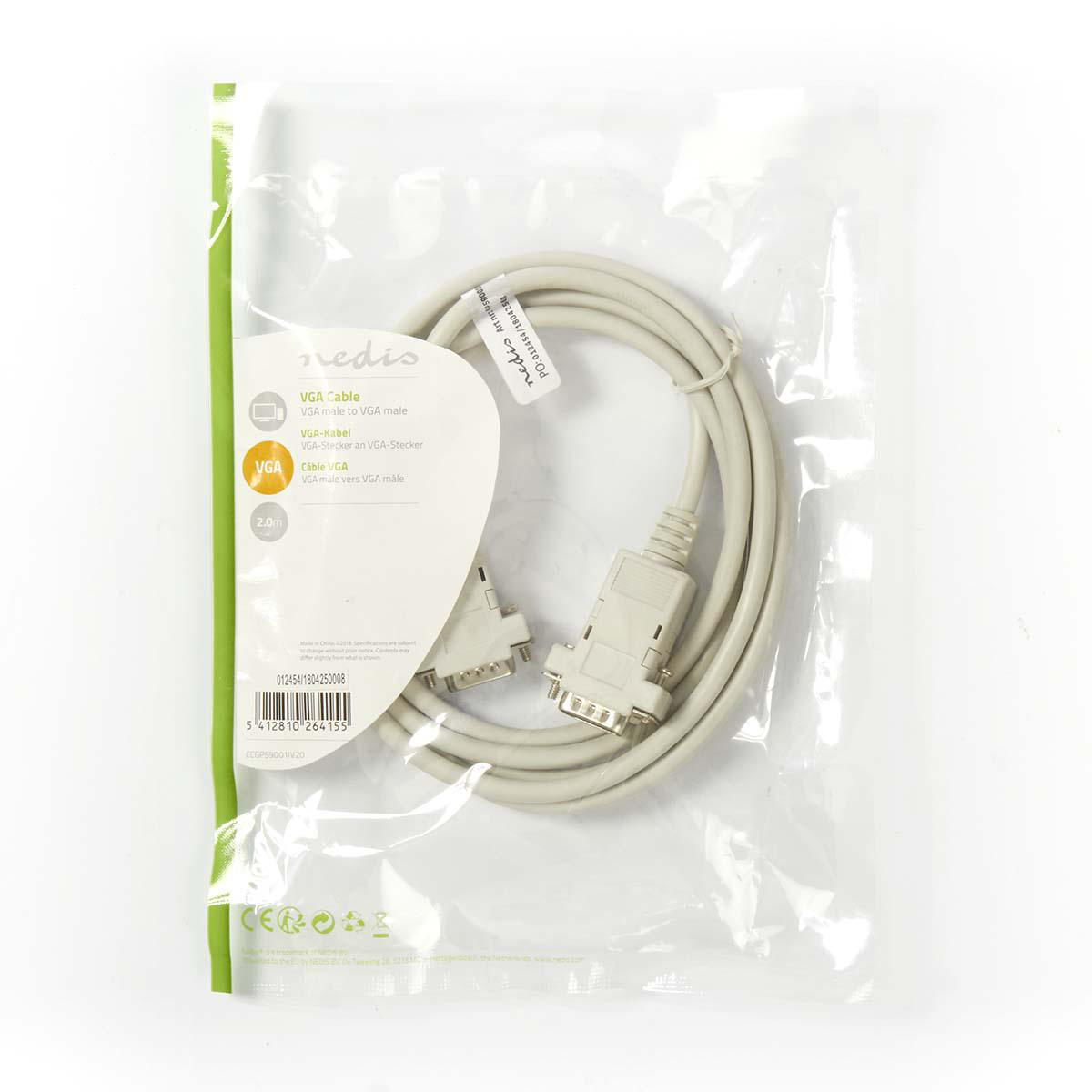 VGA-Kabel in einer durchsichtigen Plastiktüte. Weißes Kabel, graue Stecker und Produktdetails sichtbar.