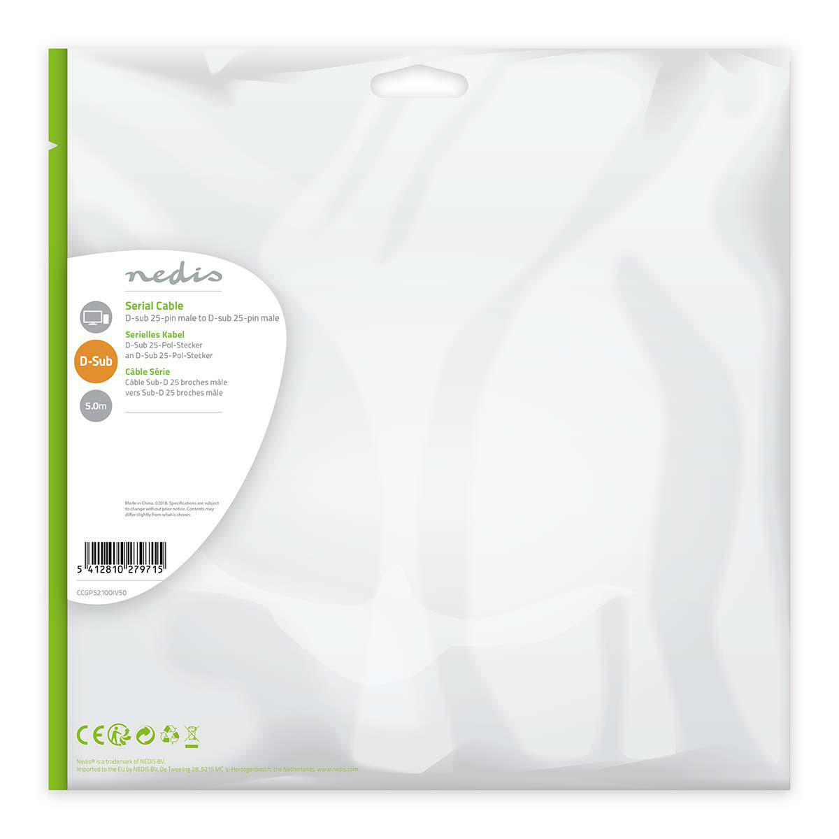 Sacchetto di plastica bianco con bordo verde. Il sacchetto contiene un cavo seriale. Sfondo bianco.