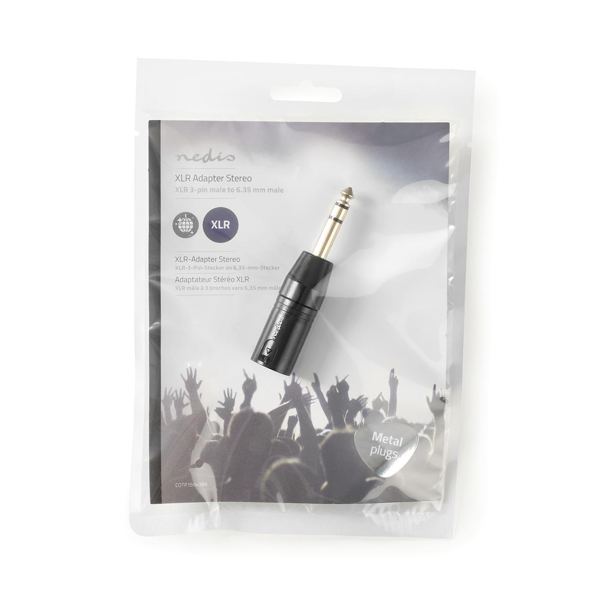 Eine transparente Verpackung mit einem schwarzen Adapter, mit weißem Text und einer Grafik einer Menge.
