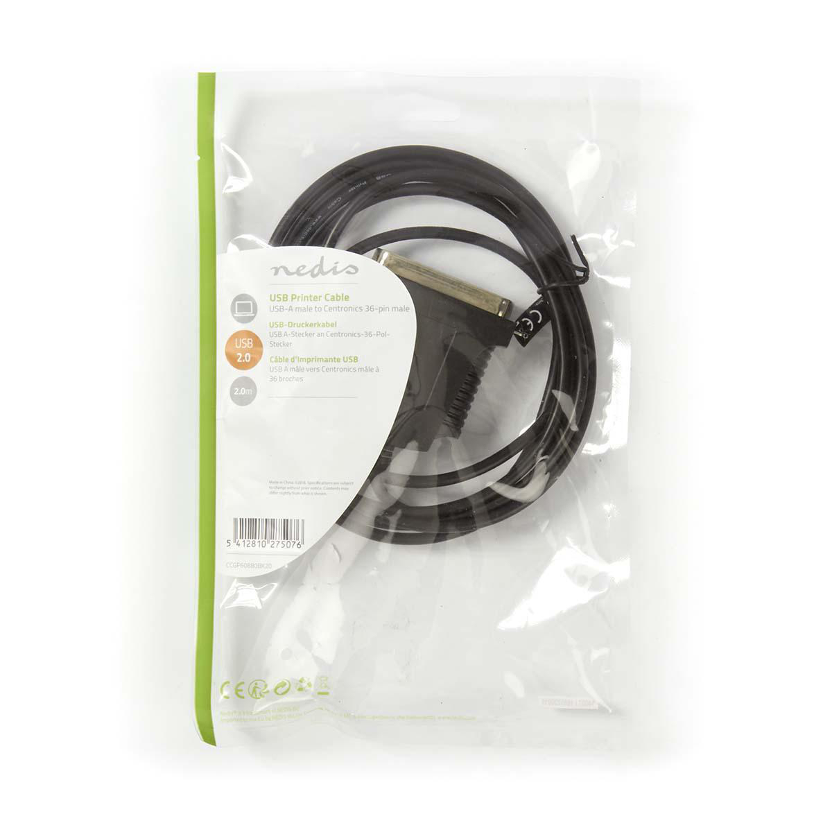 Un cavo per stampante USB nero in una confezione trasparente. Sfondo bianco.
