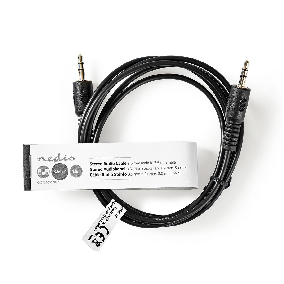 Cable de audio negro con dos conectores de 3,5 mm. Fondo blanco, etiqueta del producto.
