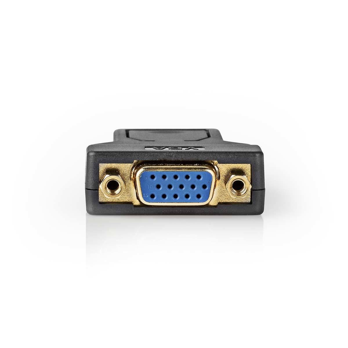 Connettore VGA, plastica nera con pin del connettore blu, cornice color oro, su sfondo bianco.