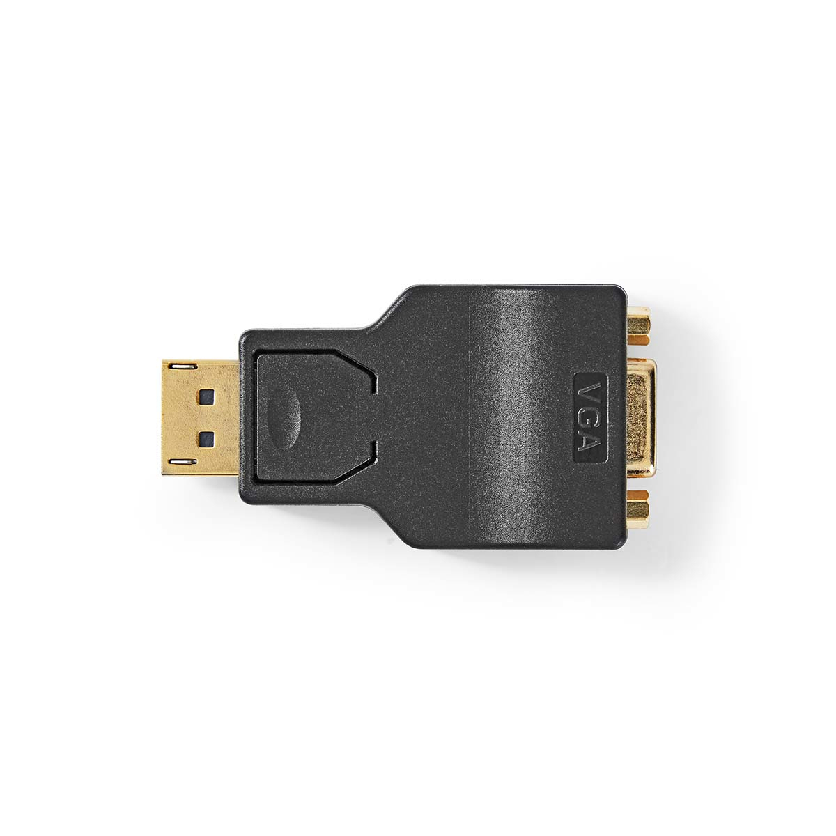 Adattatore da VGA a DisplayPort nero e oro. Vista dall'alto su una superficie bianca.