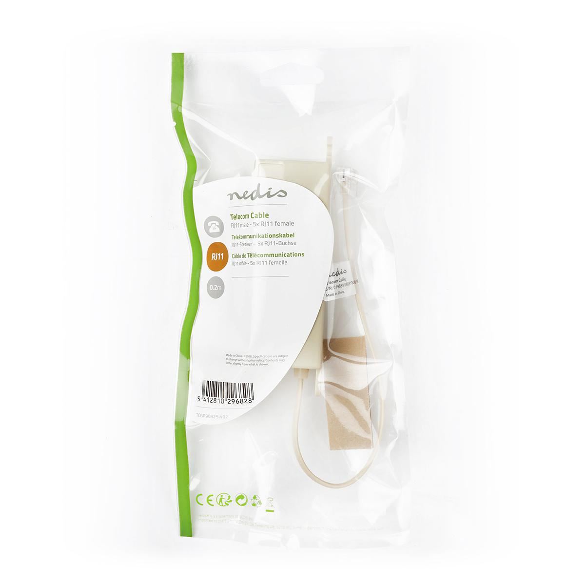 Cable de telecomunicaciones en un paquete transparente con una franja verde. Componentes blancos y beige.