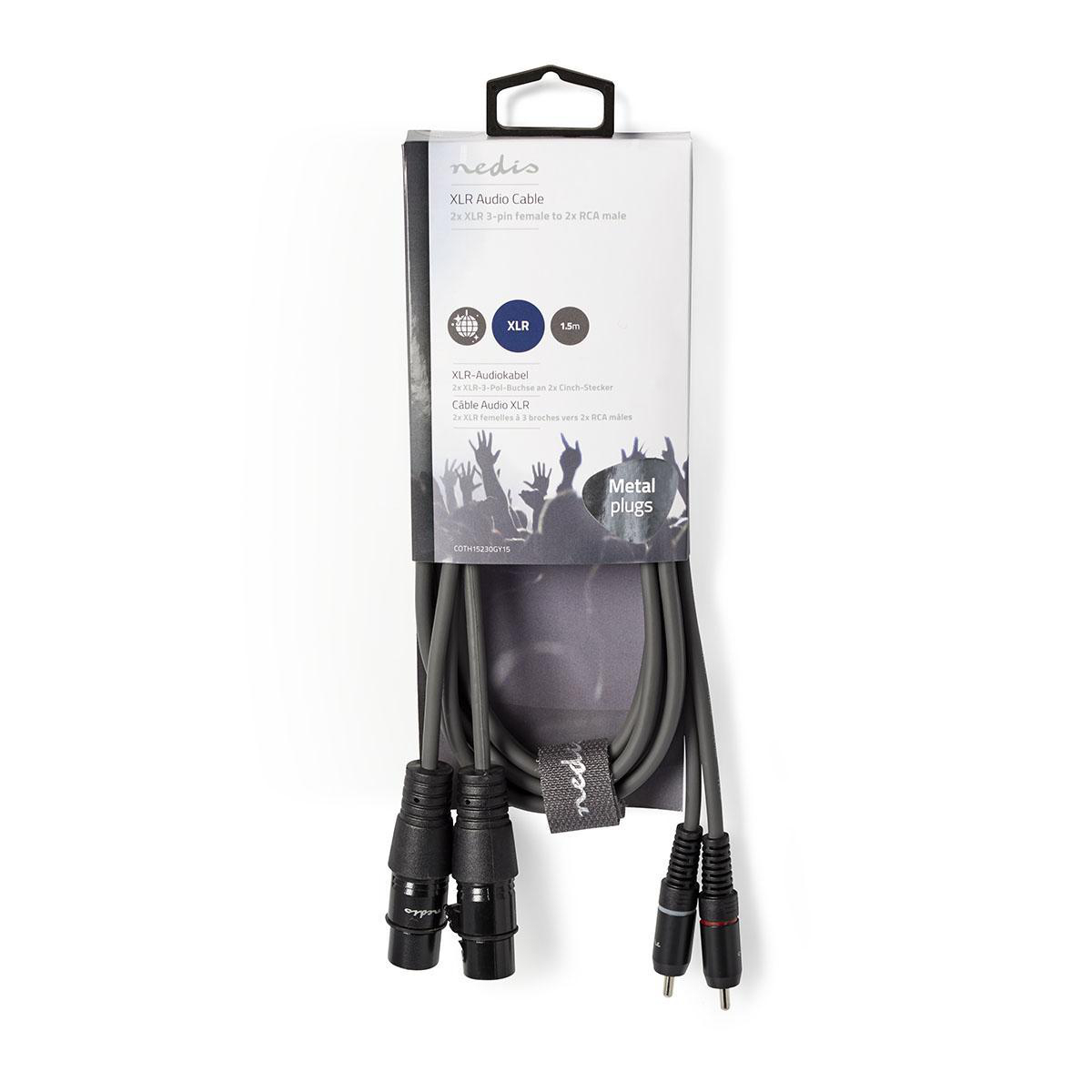 XLR-Audiokabel-Verpackung. Das Kabel ist grau mit schwarzen und roten Steckern.