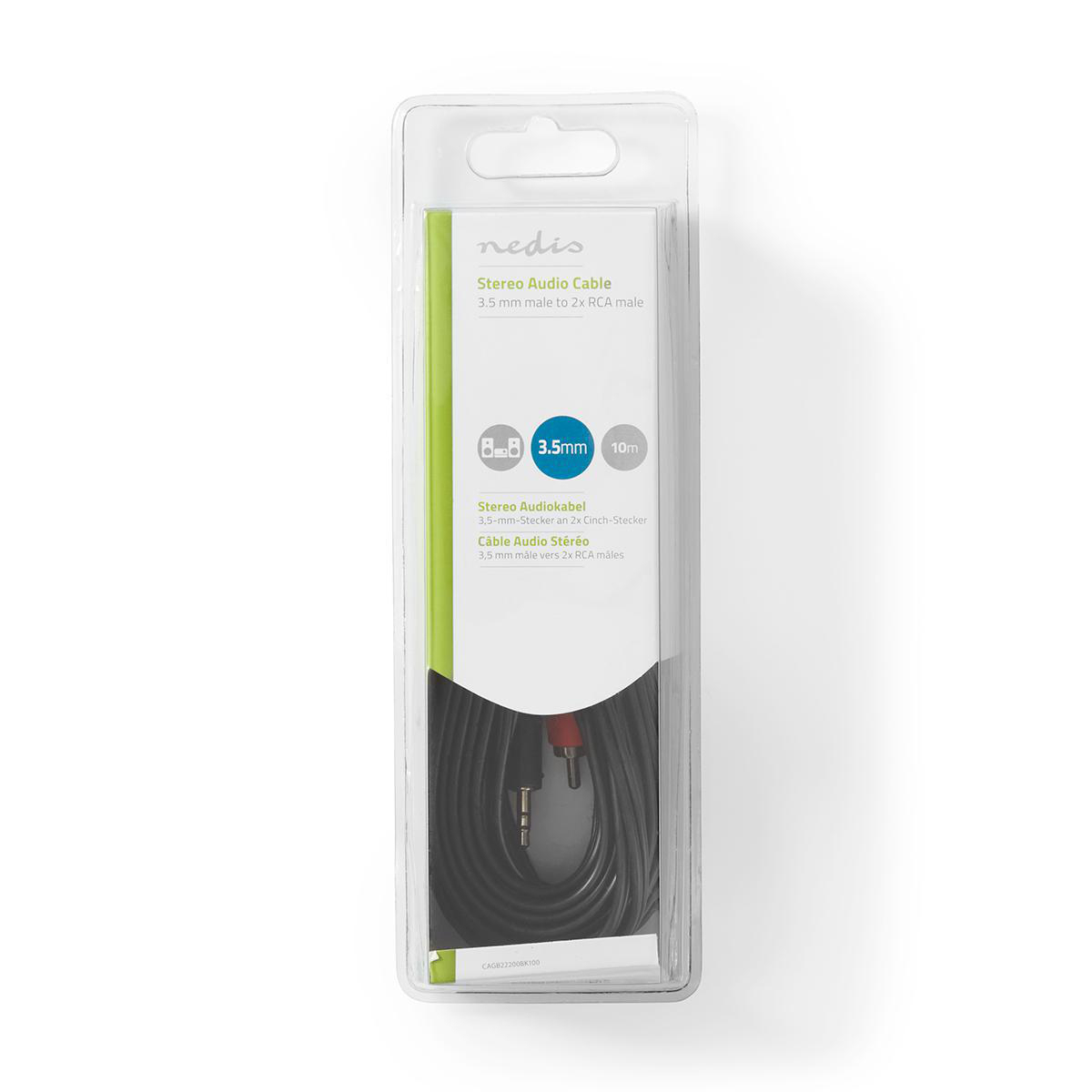 Câble audio stéréo emballé avec connecteurs 3,5 mm vers 2x RCA mâles.