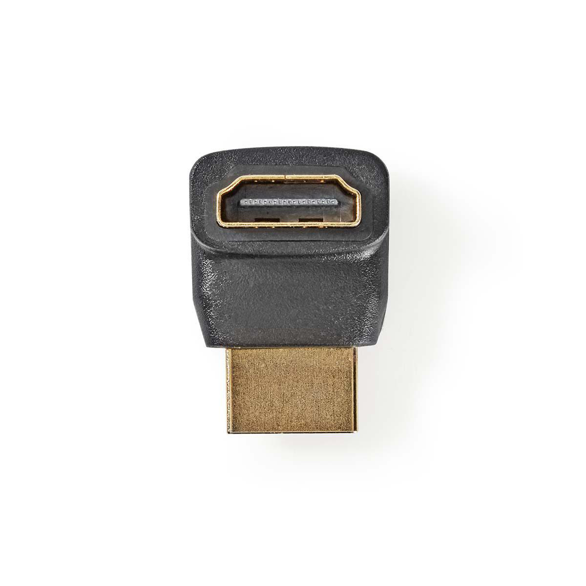 Adattatore HDMI nero con connettore dorato su sfondo bianco.