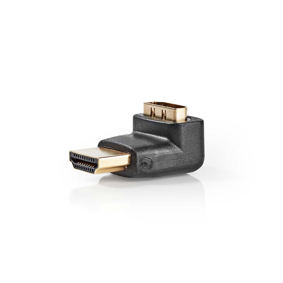 Adattatore HDMI nero e oro, design angolato, per collegare dispositivi. L'adattatore è su sfondo bianco.