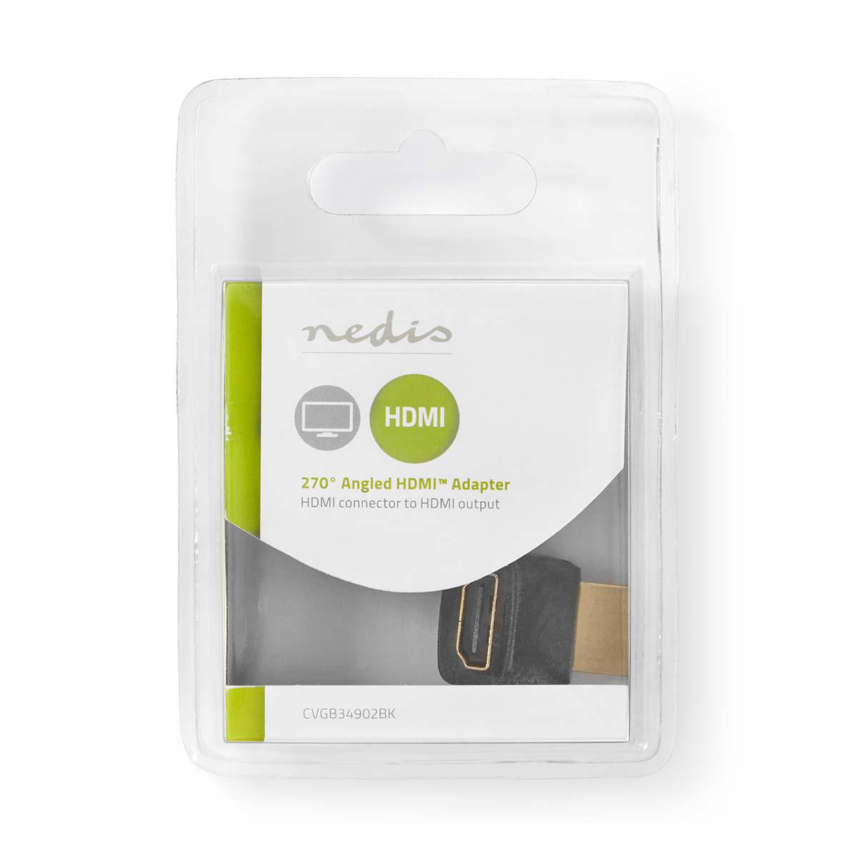 Confezione di plastica trasparente contenente un adattatore HDMI nero. La confezione ha informazioni sul prodotto e un bordo verde.