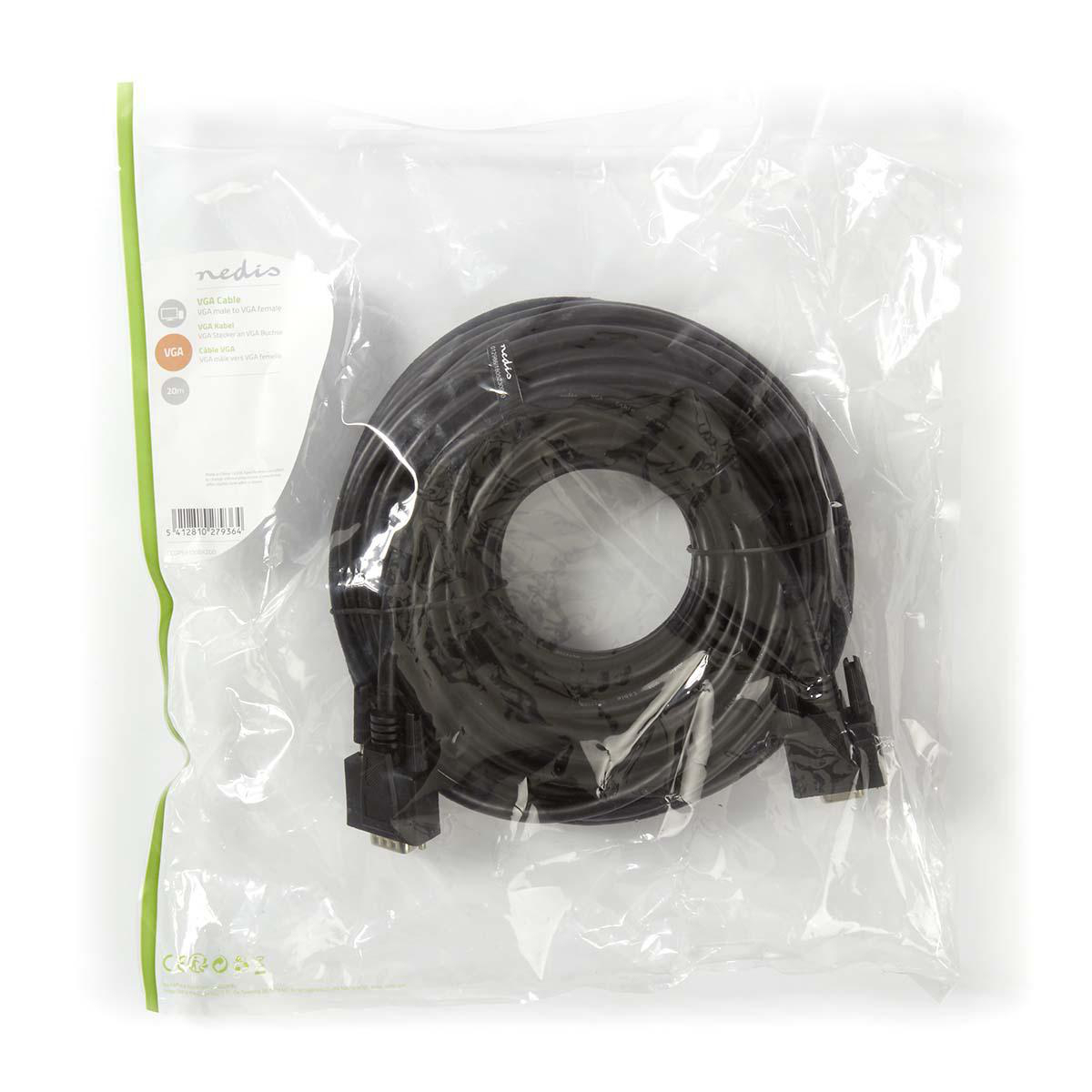 VGA-Kabel in Kunststoffverpackung auf weißem Hintergrund. Das Kabel ist schwarz und hat Anschlüsse.