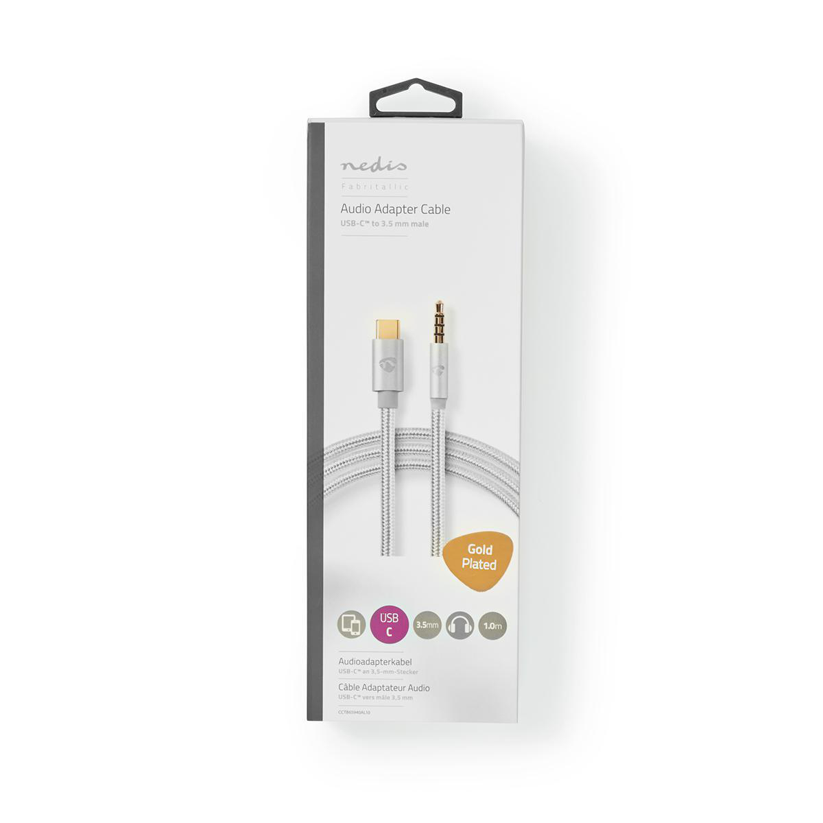 Audio-Adapterkabel in einer Box. Silbernes Kabel mit vergoldetem Stecker.