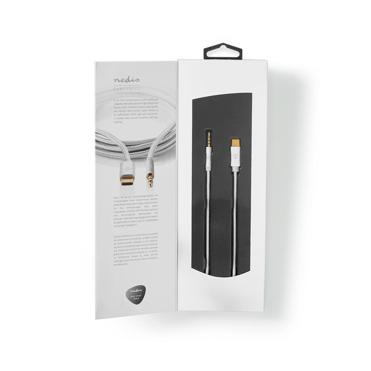 Weißes und silbernes USB-C-Kabel in einer Box. Weißer Hintergrund.