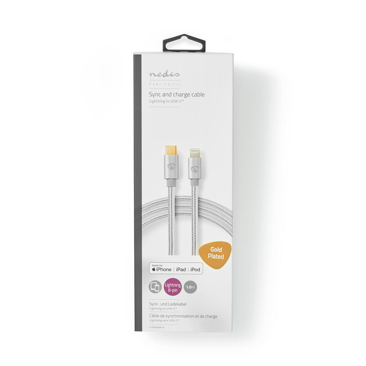Câble Lightning vers USB-C blanc et argenté dans une boîte blanche, avec une étiquette dorée.