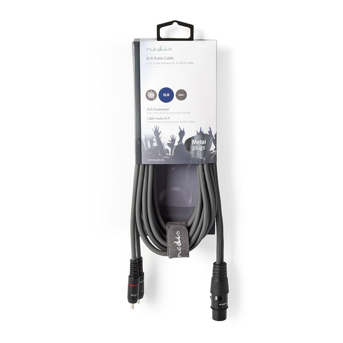 XLR-audiokabel met connectoren in een witte doos.