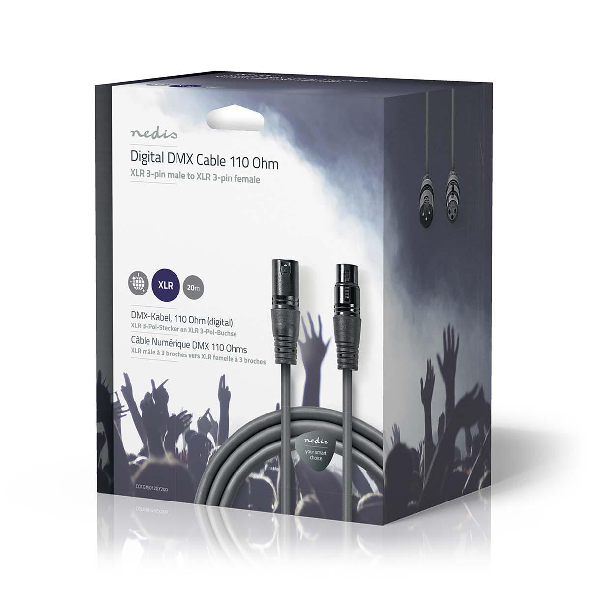 Una confezione del prodotto che mostra il cavo DMX, con la scritta "Digital DMX Cable 110 Ohm".