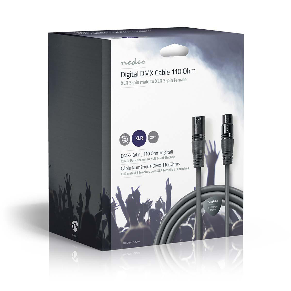Scatola con un cavo nero e silhouette di mani. Testo: Cavo DMX digitale 110 Ohm.
