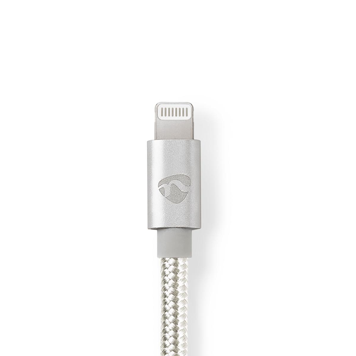 Ein silbernes Lightning-zu-USB-Kabel, mit weißem Hintergrund, Nahaufnahme.