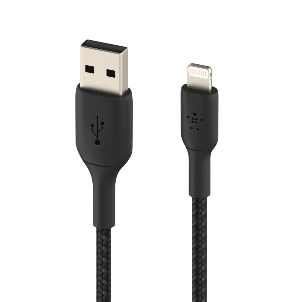 Câble USB noir vers Lightning. Connecteur USB-A à gauche, Lightning à droite.