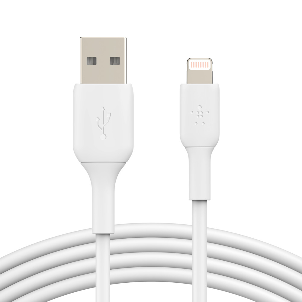 Un cavo da USB a Lightning bianco, con i connettori USB e Lightning visibili.