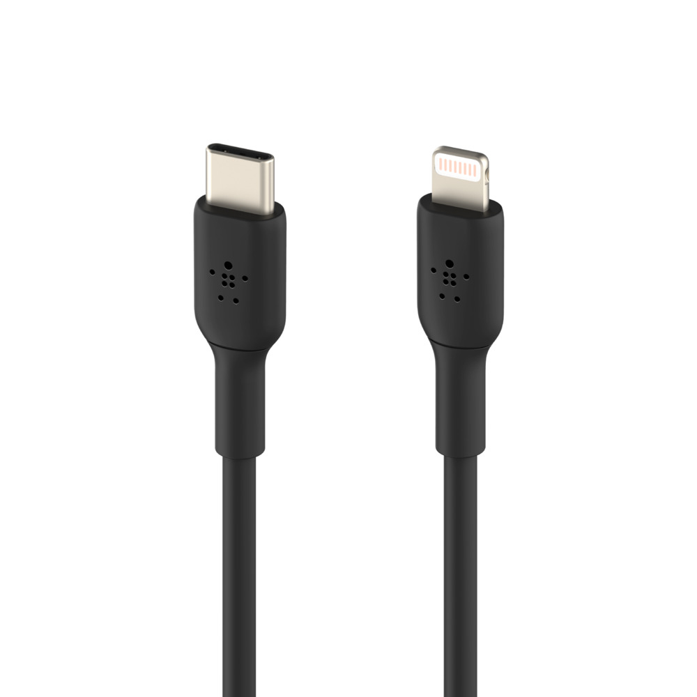 Zwei schwarze Kabel, eines mit USB-C, eines mit Lightning-Anschluss.