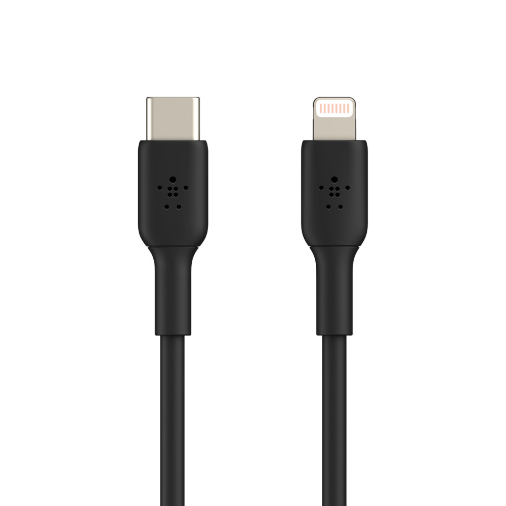 Zwei schwarze Kabel mit unterschiedlichen Steckern. Eines ist USB-C, das andere ein Lightning-Anschluss.