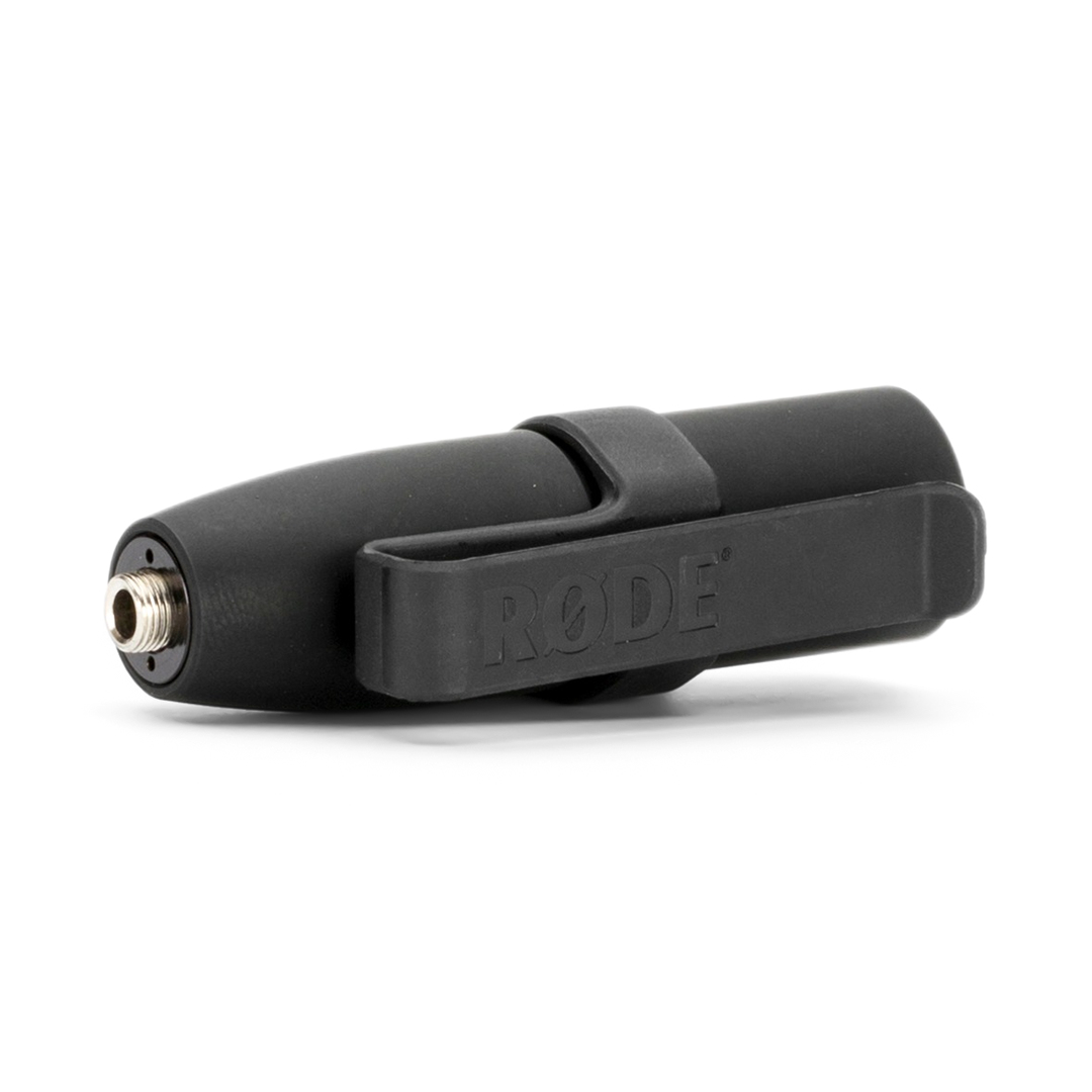Clip per microfono Rode nero con un connettore argentato, su sfondo bianco.