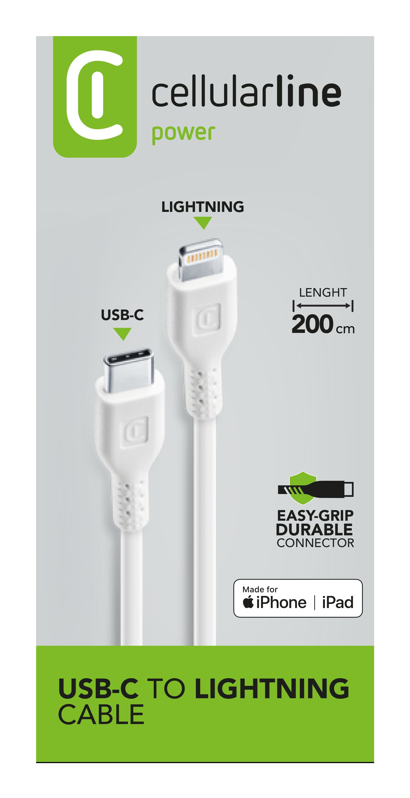 Weißes USB-C-auf-Lightning-Kabel mit Markendetails auf weißem Hintergrund.