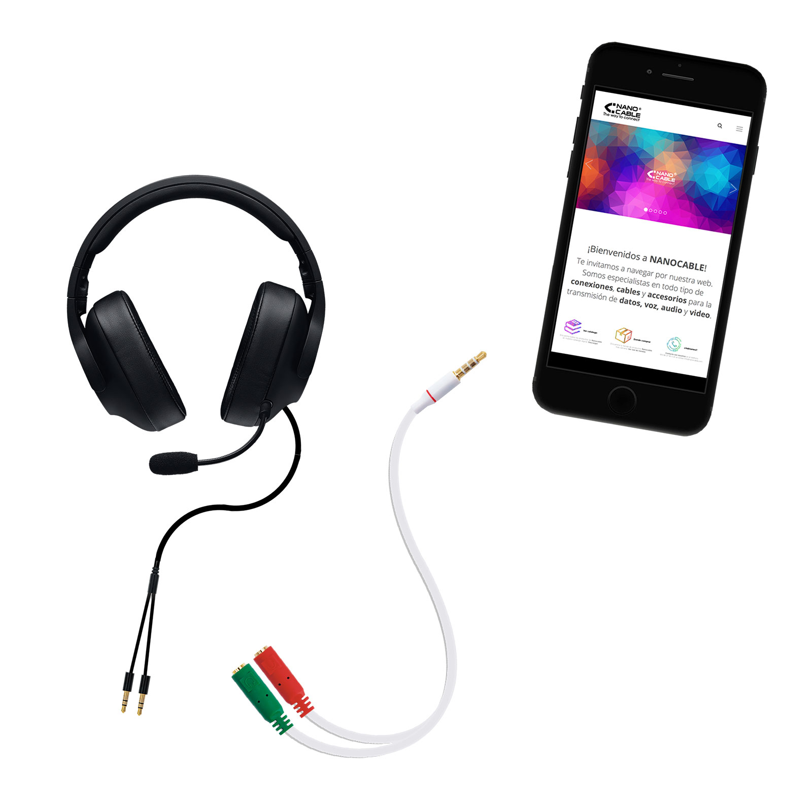 Auriculares negros con micro, cable blanco con conectores audio y smartphone con sitio web.