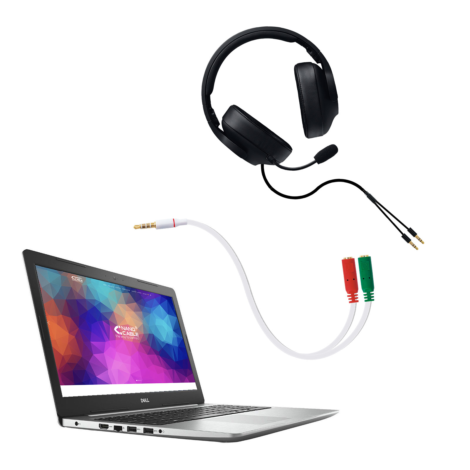Auriculares y un portátil con un cable para conectarlos. Conectores verde y rojo en el cable.