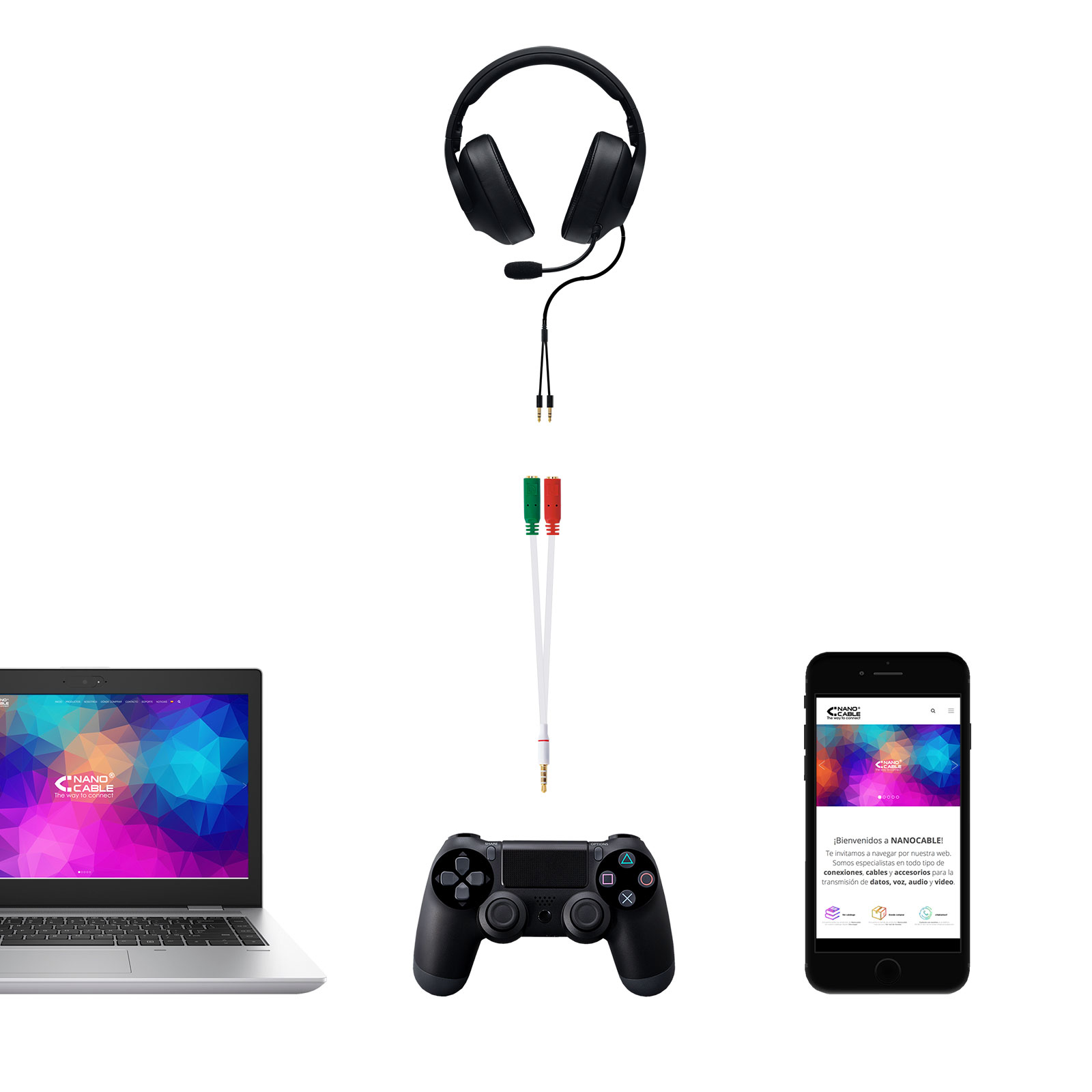 Auriculares, cable, portátil, teléfono y mando de juegos sobre una superficie blanca. El teléfono muestra una web.