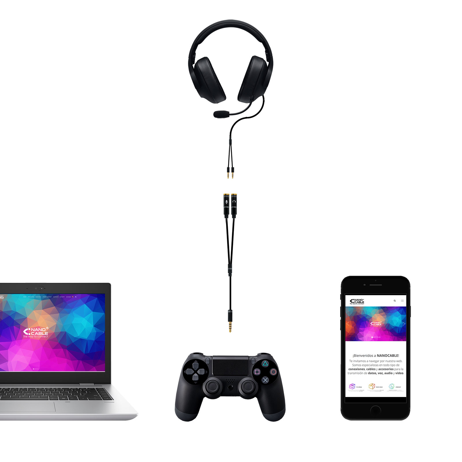 Una imagen que muestra unos auriculares, un portátil, un mando de juegos y un smartphone conectados por cables.