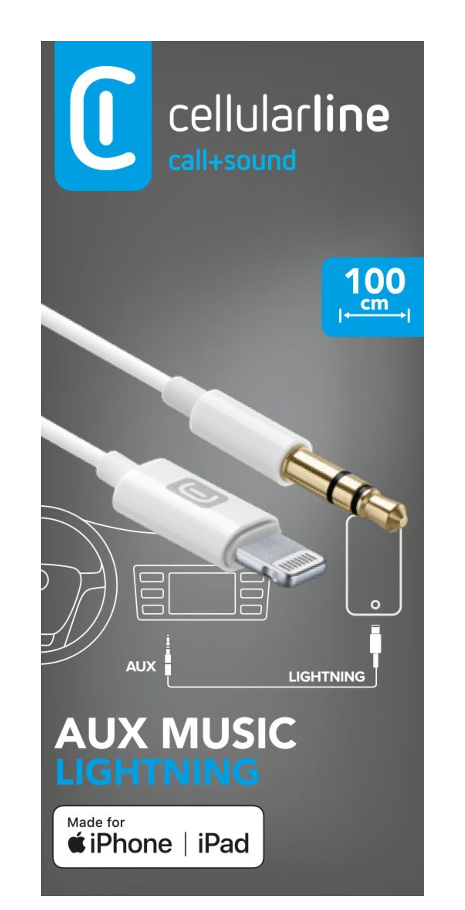 Cable AUX blanco y dorado con conectores Lightning y AUX, y diagramas.