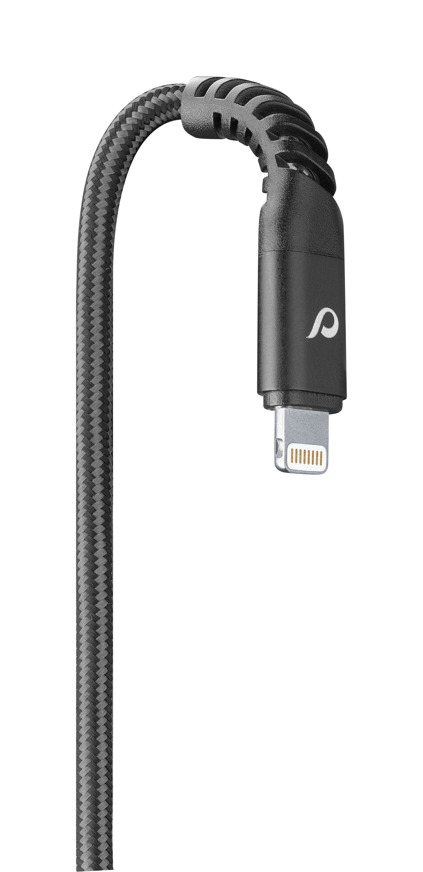 Cable de carga negro con conector Lightning. El cable tiene una capa exterior texturizada.
