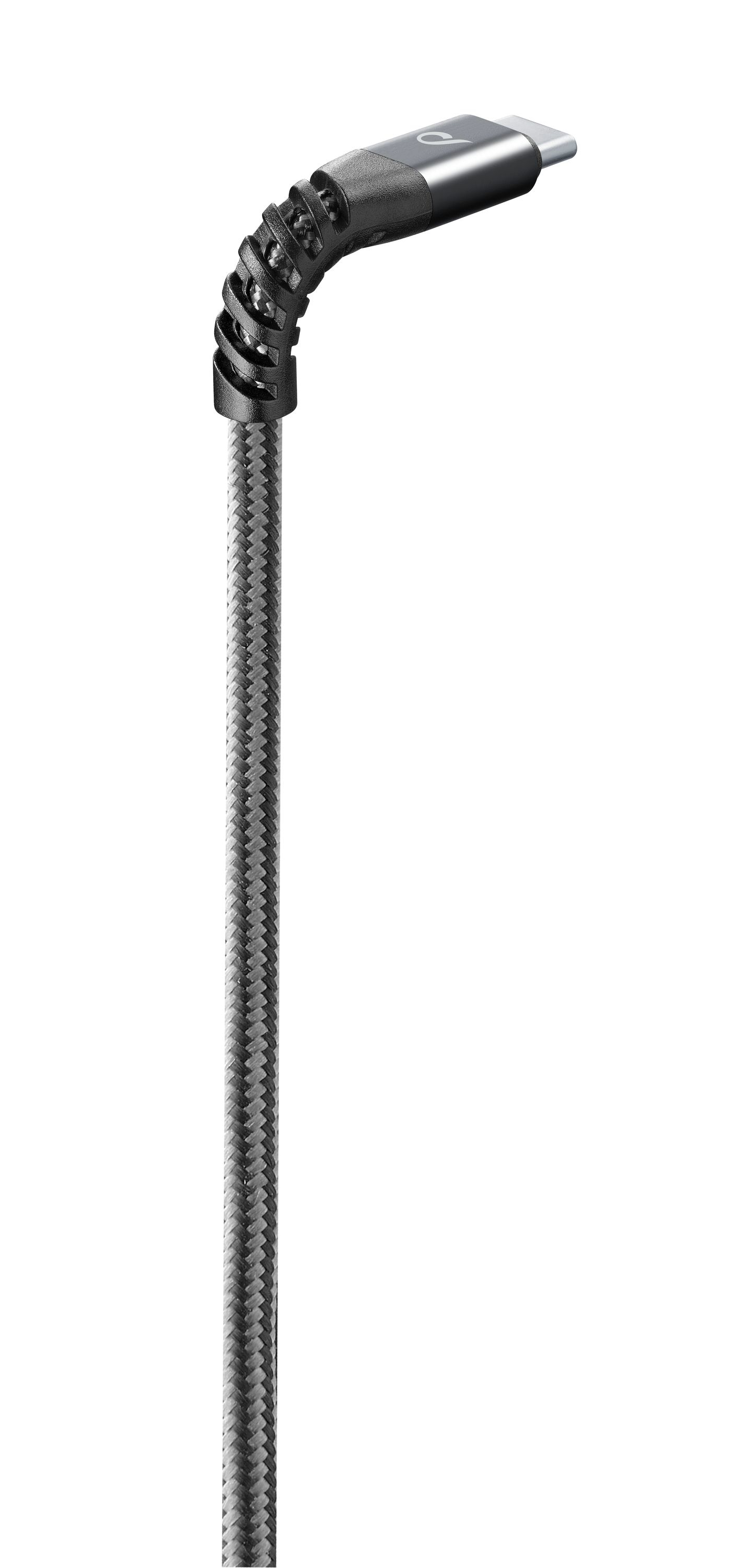 Un cable de carga negro con un conector USB-C en un extremo y un diseño trenzado.
