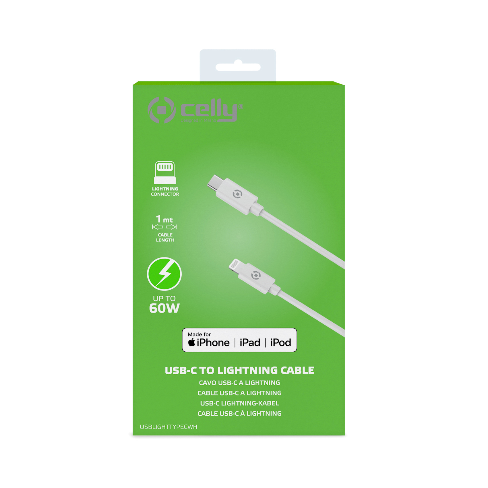 Cable USB-C a Lightning blanco en una caja. La caja tiene el logo de Celly.