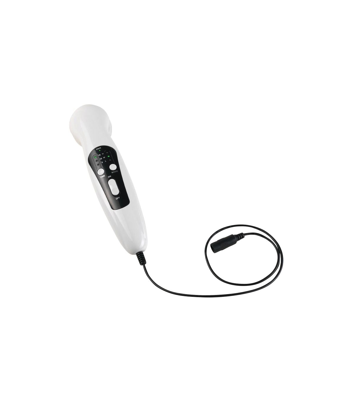 Un dispositivo bianco con pulsanti e un cavo nero su sfondo bianco.