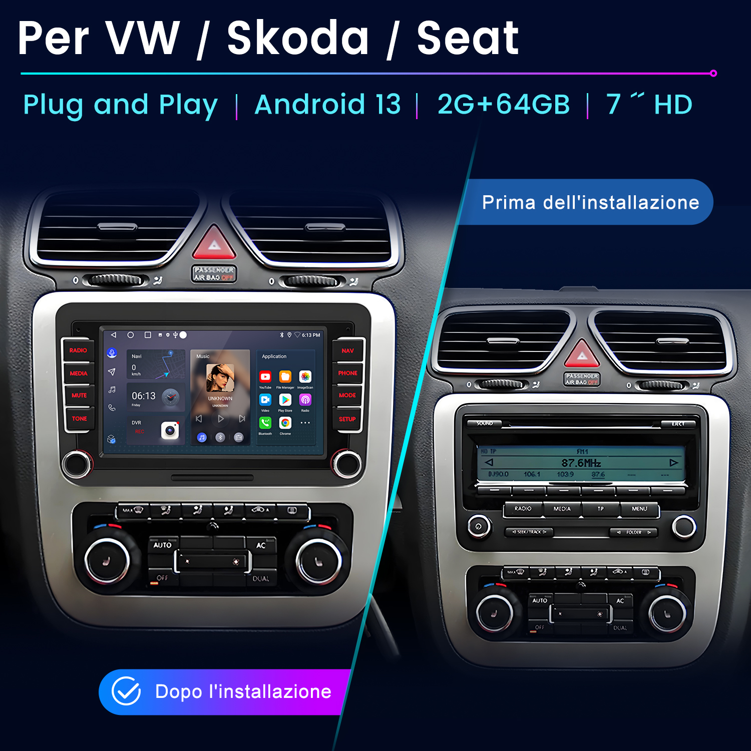 Sistema di infotainment per auto con display che mostra navigazione e musica.