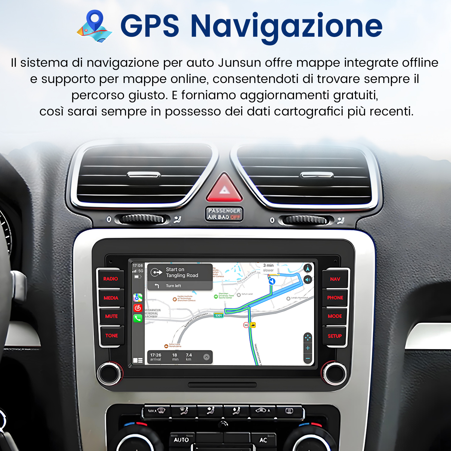 Cruscotto dell'auto che mostra un sistema di navigazione GPS con mappa e varie opzioni di controllo.