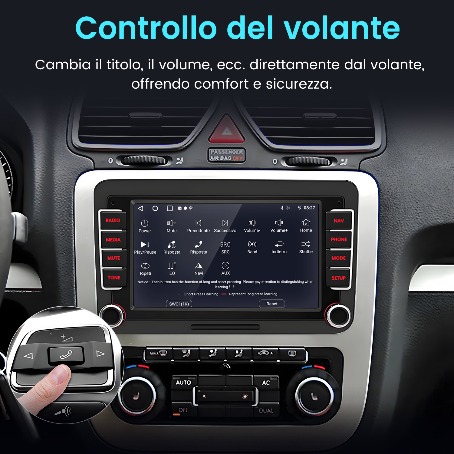Cruscotto auto con schermo impostazioni. Mano sul volante.