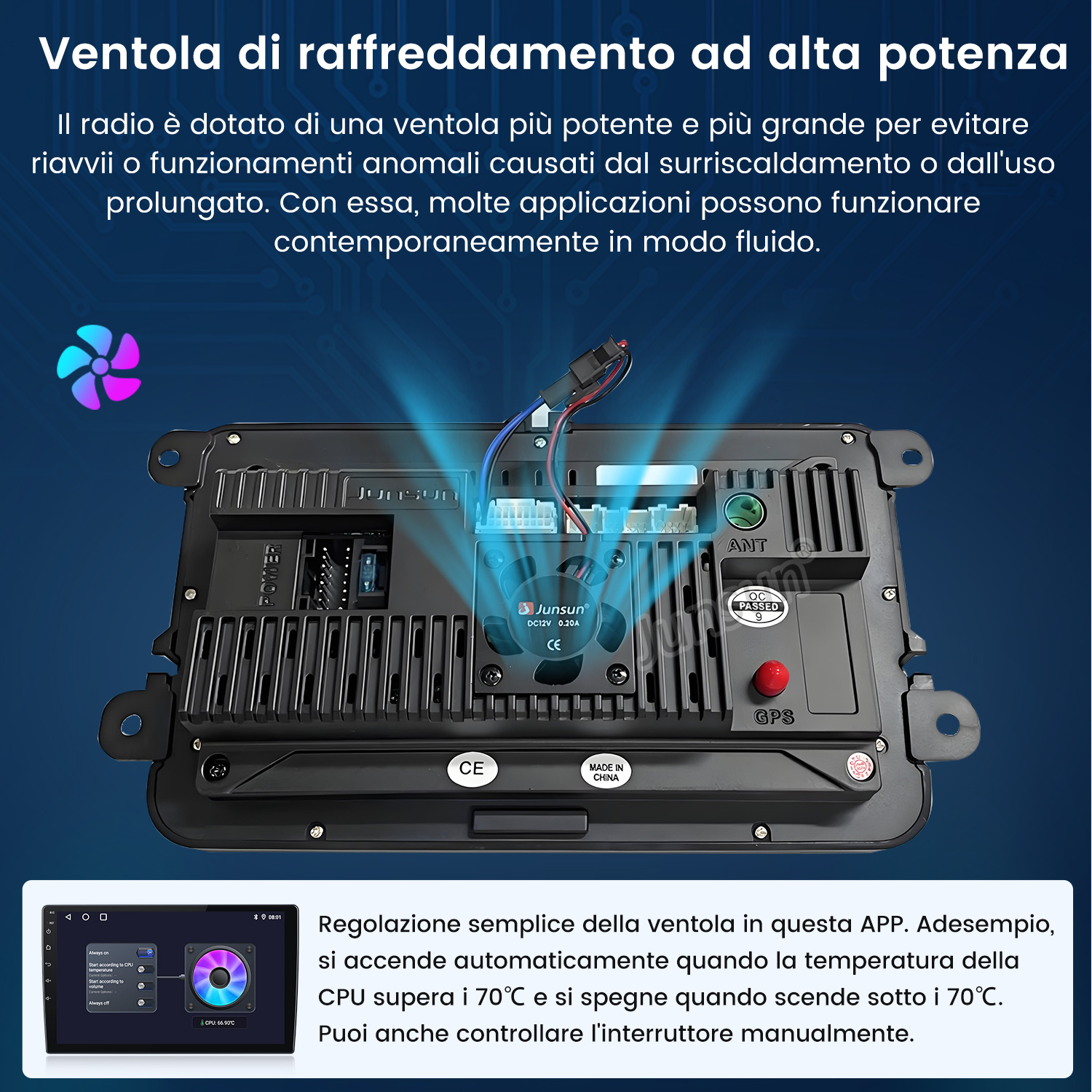 Componente stereo per auto, testo ed etichette, ventola e fili, nero e blu.