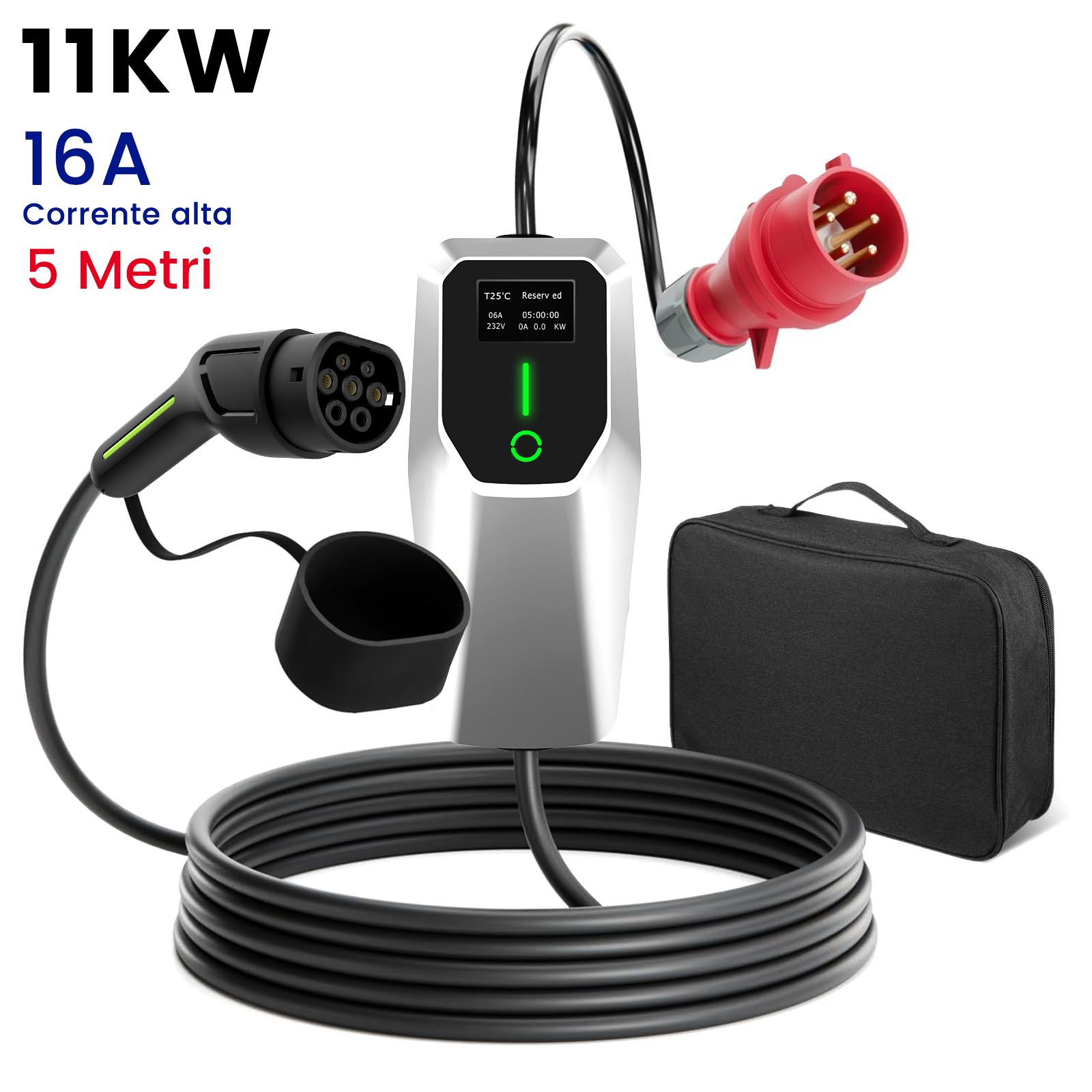 Un caricabatterie per veicoli elettrici, con un cavo di ricarica, spina e una custodia nera.