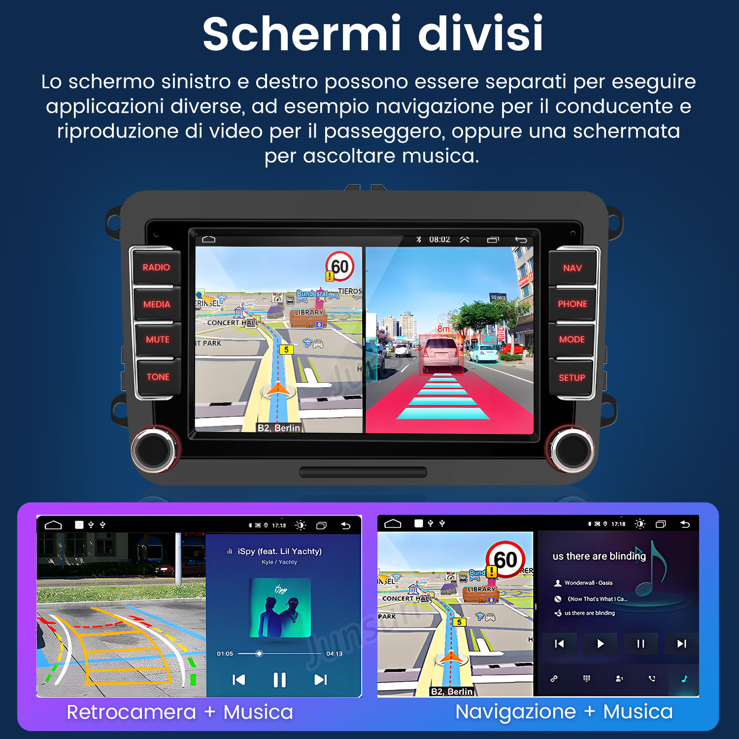 Sistema di infotainment per auto con schermo diviso che mostra navigazione e musica.