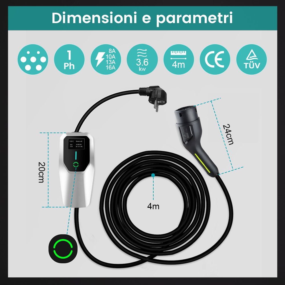 Cavo di ricarica per veicoli elettrici con dimensioni e parametri.