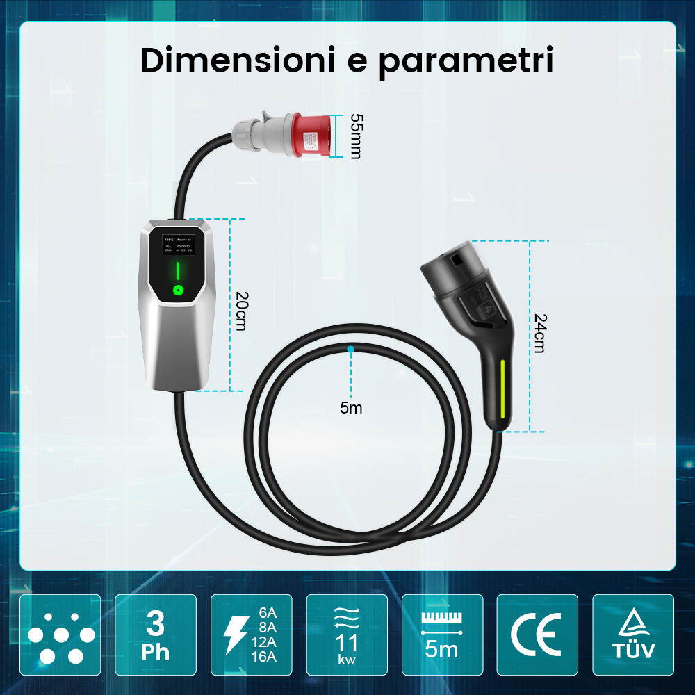 Diagramma del caricabatterie EV con dimensioni e parametri come tensione, amperaggio e potenza.