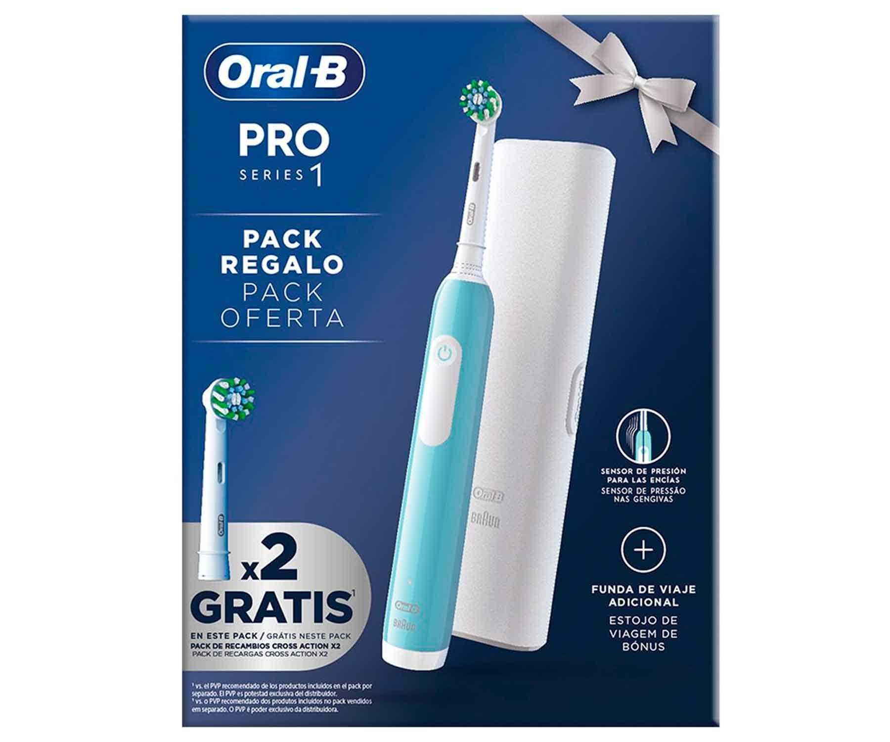 Set de cepillo de dientes eléctrico Oral-B Pro Series 1. Incluye cepillo, dos cabezales y estuche.
