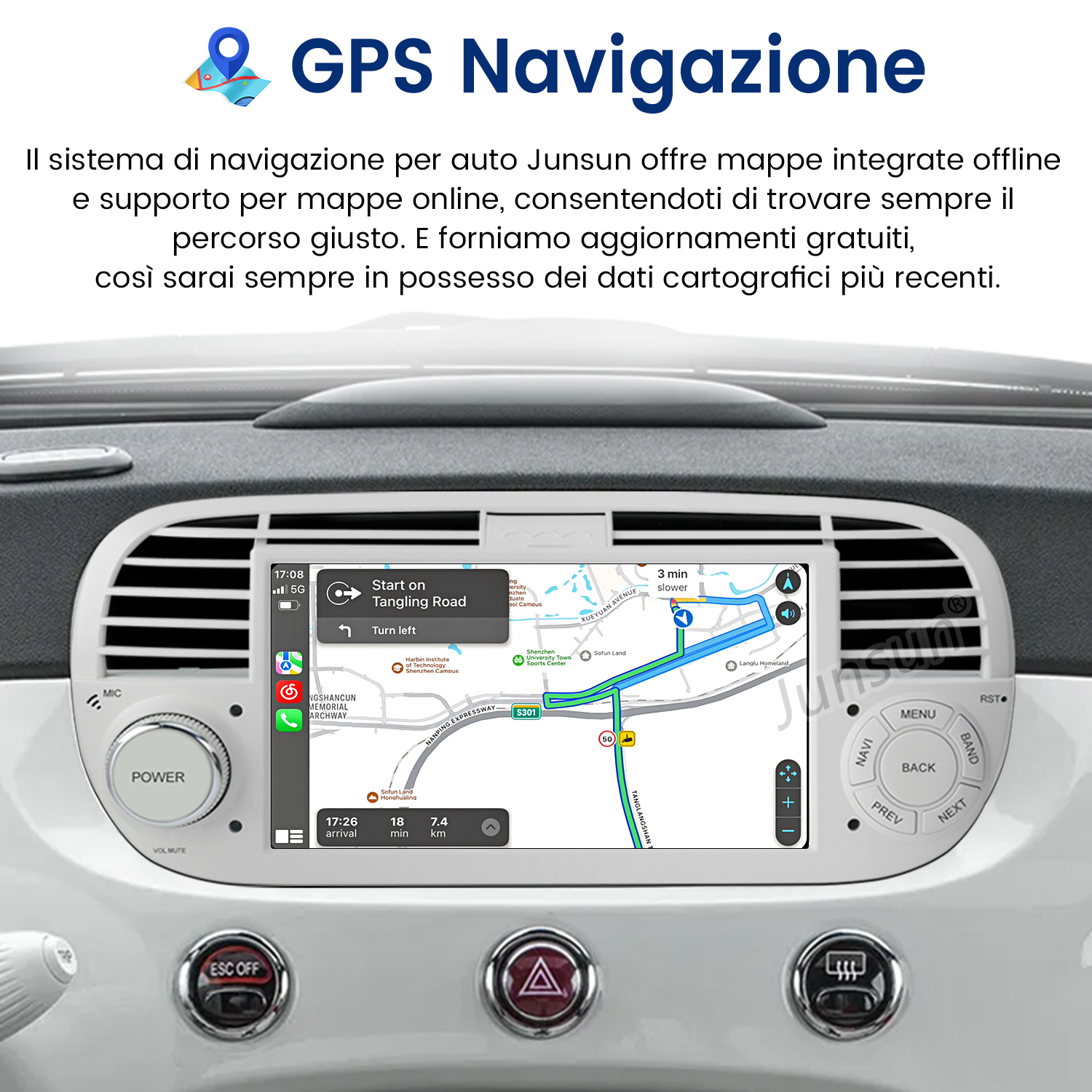 Autoradio con navigazione su schermo. Una mappa mostra un percorso. I pulsanti sono ai lati.