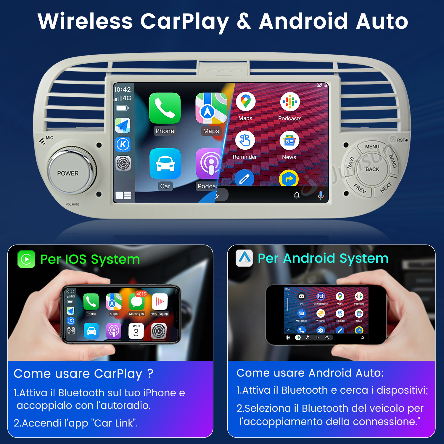 Schermo dell'autoradio con icone delle app e istruzioni per la configurazione di CarPlay e Android Auto.